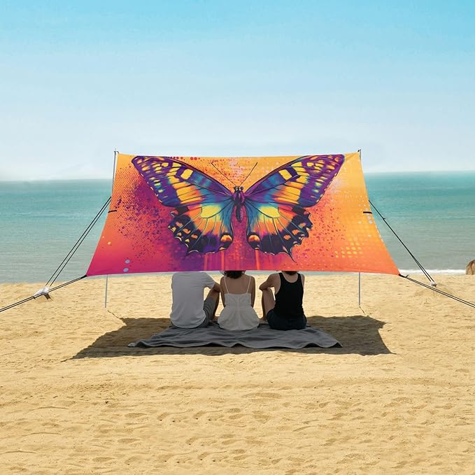 Orange Butterfly Beach Tent Sun Shelter Set UPF50+ UV Protection 10.5 x 9.19 FT Camping Shade Canopy with Sandbags Sand Anchors Carrying Bag and Others