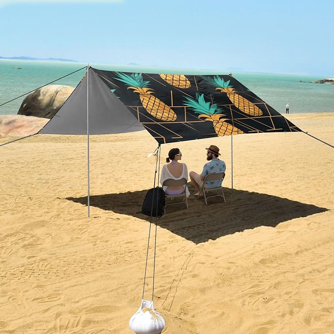 ALAZA Pineapples Geometric on Black Beach Tent Sun Shelter Portable Canopy Sunshade for Outdoor Camping Picnics Backyard Fun 10x9 ft