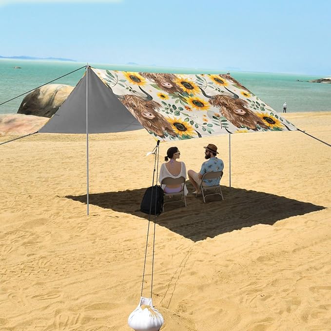 ALAZA Sunflower Highland Cows Pattern Beach Tent Sun Shelter Portable Canopy Sunshade for Outdoor Camping Picnics Backyard Fun 10x9 ft