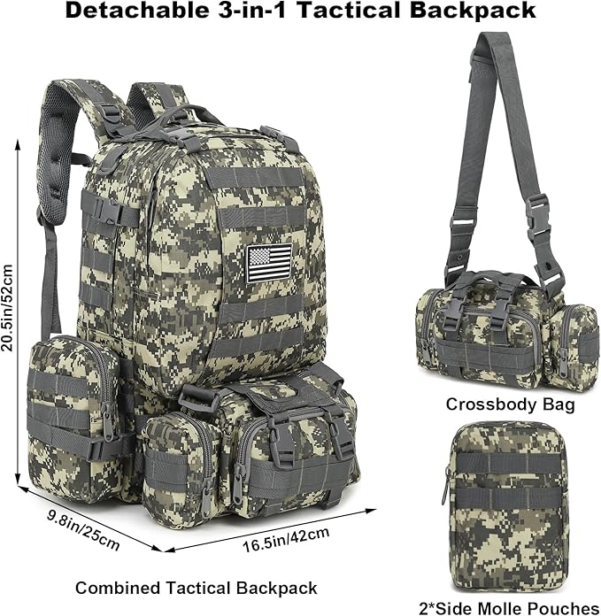 Tactical Backpack for Men Women Large Waterproof Military Backpack Detachable Molle Backpack Army Assault Pack (ACU Camo)