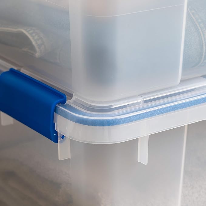 IRIS USA WeatherPro 27 &amp 44 Qt Storage Bins with Lids 4 Pack BPA-Free Plastic Gasket Box with Tight Latch and Seal Stackable Nestable Tote Tub - Clear/Blue