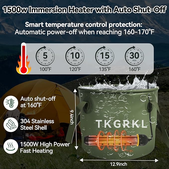 11PCS Portable Shower with Heater for Camping Shower Tent Set 1500W Immersion Heater with Auto Shut-Off 6000mAh Rechargeable Portable Shower with 5 Gallons Foldable Bucket USB Solar Charging Panel