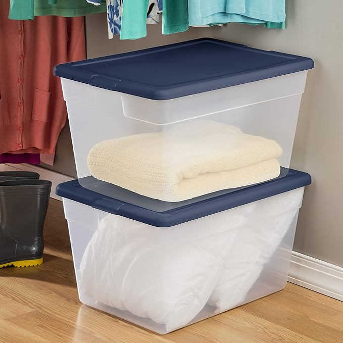 Sterilite Storage Box Clear Plastic Stackable Bin Tote with Lid 56 Quart Marine Blue