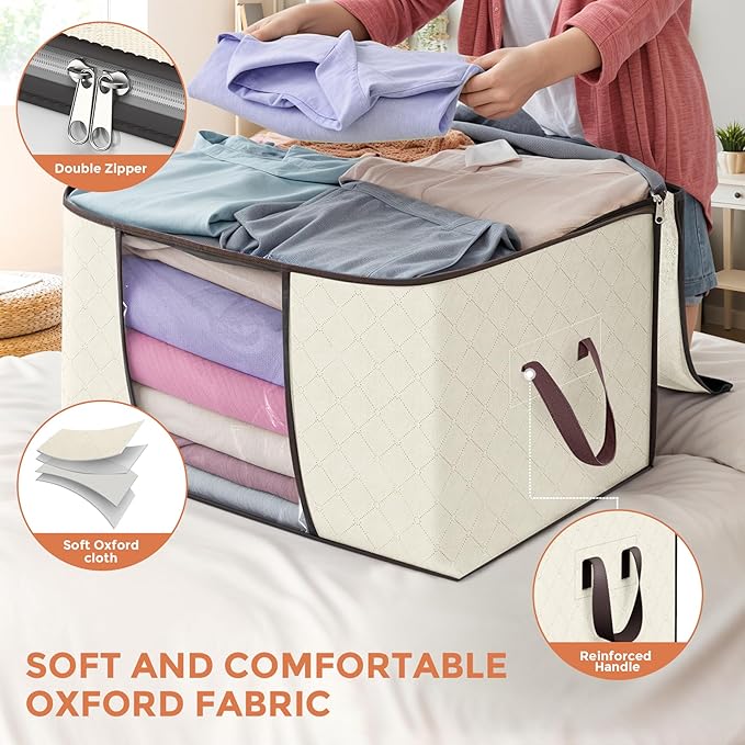 90 L Large Storage Bags 6 Pack Clothes Storage Bins Foldable Closet Organizers Storage Containers with Reinforced Handle for Clothing Blanket Comforters Bed Sheets Pillows and Toys (Beige)