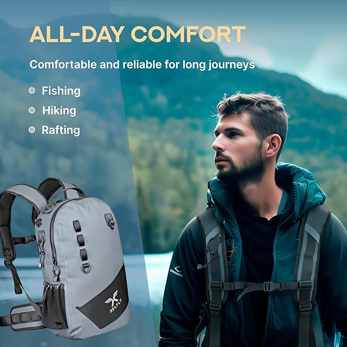 Waterproof Fishing Backpack with Rod Holder Inflatable Air Valve Padded Waist Straps &amp Gear Loops - Submersible Zipper Rugged Top Handle Adjustable Attachments (Blue)