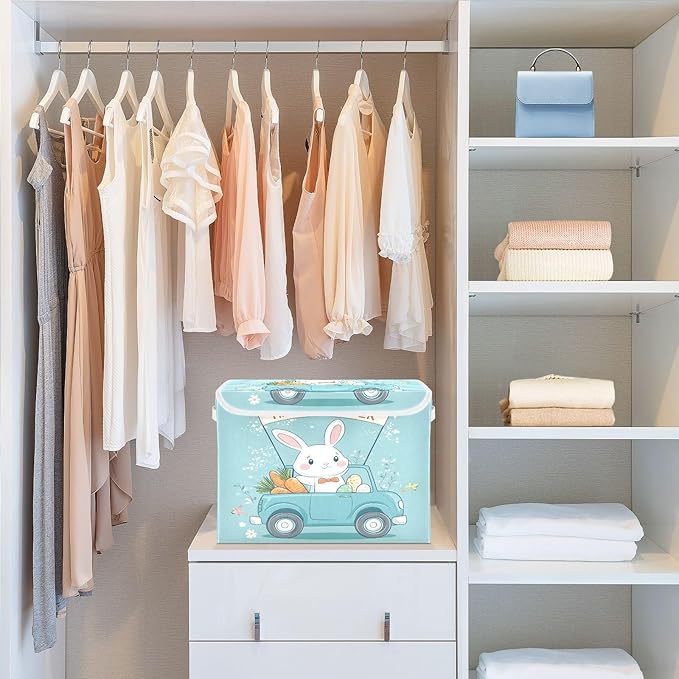 Christmas Storage Baskets with Lids Cartoon Easter Bunny Collapsible Bins Stackable Fabric Linen Baskets Closet Organizer Container 16.5x12.6x11.8