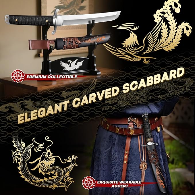 Japanese Fixed Blade Knife Tanto Knife with Phoenix Carved Sheath Tanto Samurai Knives for Camping Outdoor Collection for Men