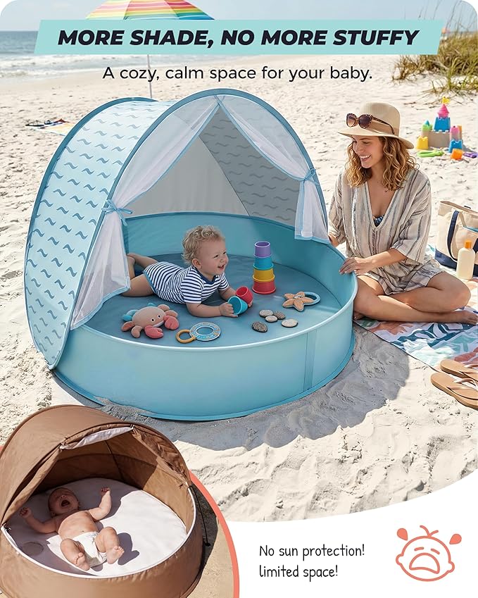 Baby Beach Tent with Pool 3-in-1 Upgrade Pop Up UPF 50+ Sun Protection Shelter with Mosquito Net Babies Toddlers Portable Outdoor Summer Essentials for Beach Backyard Indoor- Blue Wave