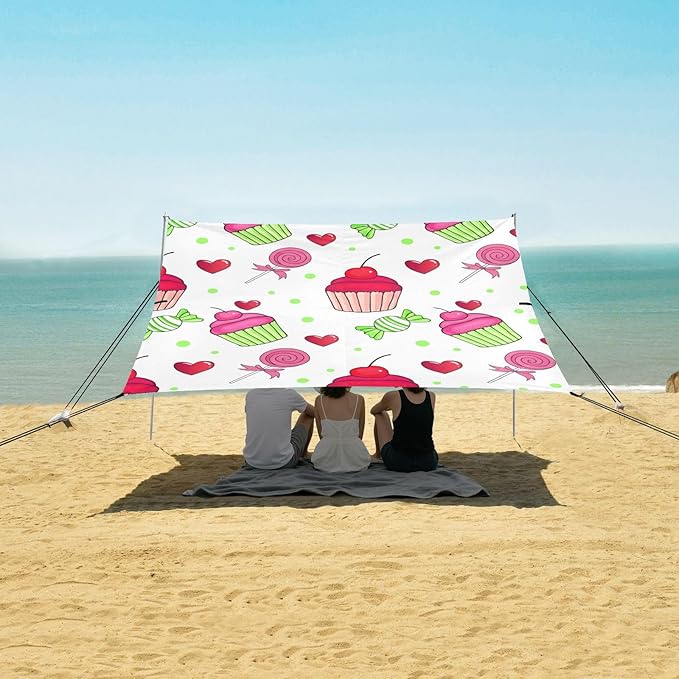 Beach Canopy with Windproof Ropes &amp Sandbags Beach Tent Sun Shade Sun Shelter for Camping Trips Fishing Backyard Fun or Picnics Cake