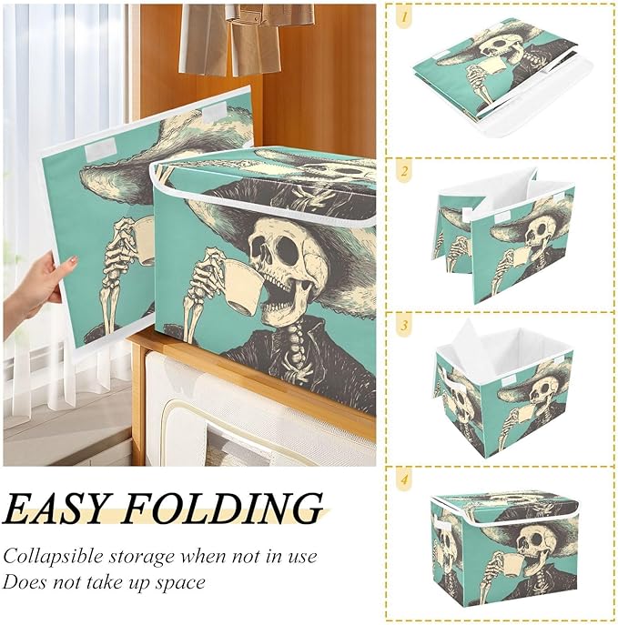 Storage Cube with Lid Skeleton Cowboy Print 16.5×12.6×11.8 IN Collapsible Large Capacity Foldable Storage Basket Bin Organizer