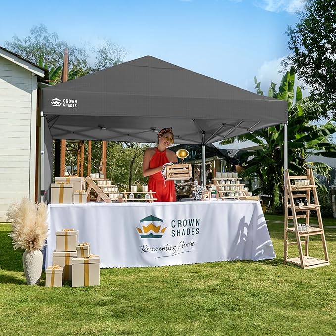 CROWN SHADES 8x8 Pop Up Canopy with 1 Side Wall - Beach Tent with One Push Setup - Outdoor Sun Shade for Events Parties Camping - Gazebo with STO-N-Go Cover Bag (Grid Grey)