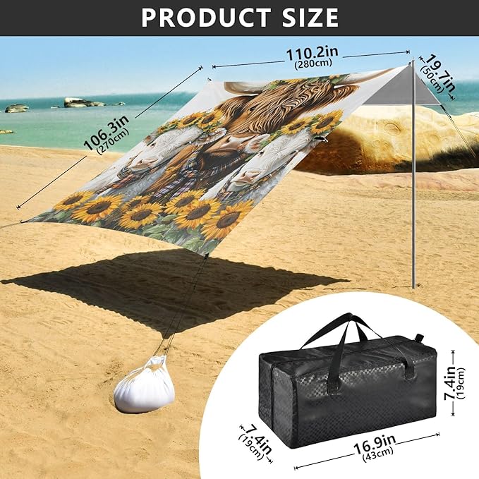 ALAZA Three Highland Cattle Sunflowers Beach Tent Sun Shelter Portable Canopy Sunshade for Outdoor Camping Picnics Backyard Fun 10x9 ft