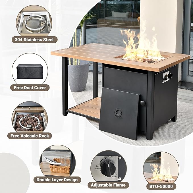 OVIOS 46 Inch Outdoor Patio Fire Pit Table 50000 BTU Heater Metal Steel Frame Propane Firepits with Storage Space Wood-Like Tabletop Waterproof Cover Lid Lava Rock Black