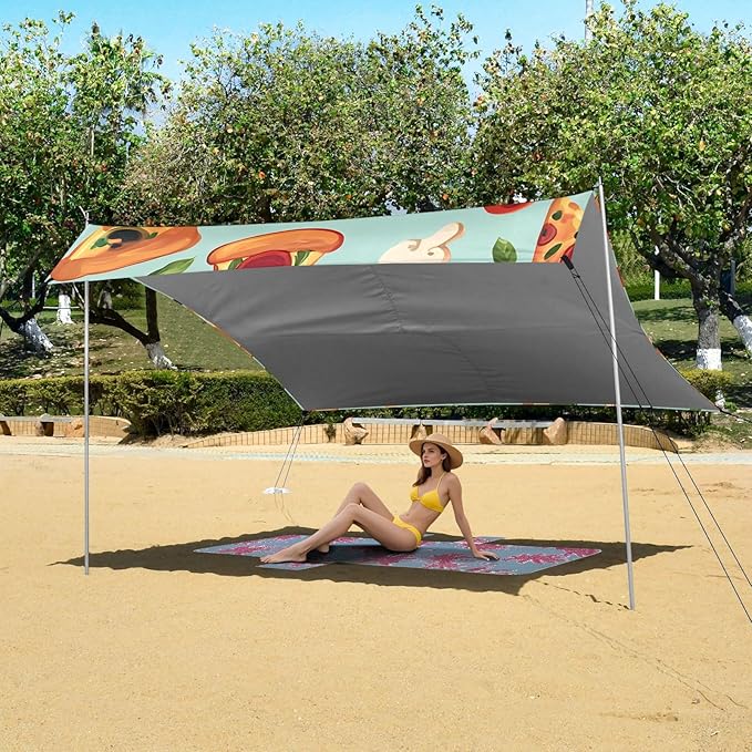 ALAZA Pizza Mushroom Tomato Pattern Beach Tent Sun Shelter Portable Canopy Sunshade for Outdoor Camping Picnics Backyard Fun 10x9 ft