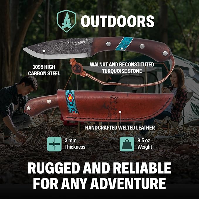Condor Tool &amp Knife Blue River Fixed Blade Knife - 1095 High-Carbon Steel Blade with Full-Tang Construction - Walnut Handle with Turquoise Stone Inlay - Ideal for Bushcraft Camping &amp Survival