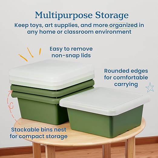 ECR4Kids Stackable Square Bins with Non-Snap Lids Multipurpose Organization Hunter Green 4-Pack