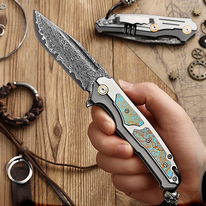 Damascus Steel Folding Knife HRC 60 Pocket Knife for Men 67-Layer Damascus Steel Folding Knife Pocket Knives Hunting Knifes Gift for Boyfriend who Loves Hunting Camping Essentials Men Gifts