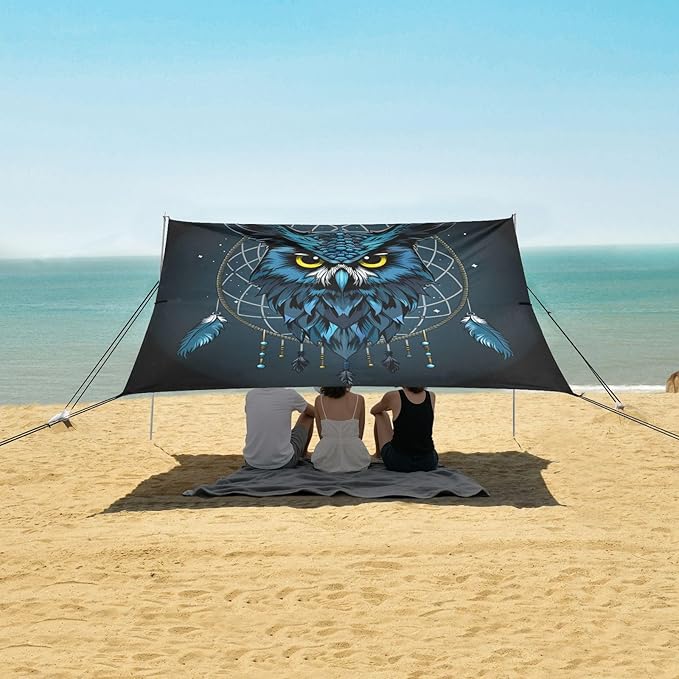 ALAZA Blue Owl Dreamcatcher Beach Tent Sun Shelter UPF50+ Protection Beach Shade Canopy w/ 4 Sandbags for Outdoor Camping Fishing Backyard Fun Picnic 10x9 ft