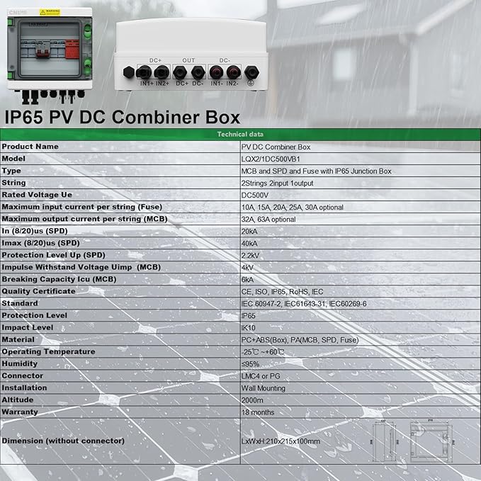 2 String Solar PV Combiner Box IP65 2 in 1 Out DC500V 40A Circuit Breaker with Surge Protector and 20A PV FuseSolar Disconnect Switch Outdoor Waterproof for Solar Panels System
