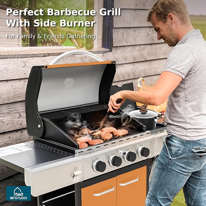 MFSTUDIO 4-Burner Propane Gas Grill Stainless Steel BBQ Grill with Side Burner and Porcelain-Enameled Cast Iron Grates High Output Gas BBQ Grills for Barbeque and Outdoor Cooking Gold