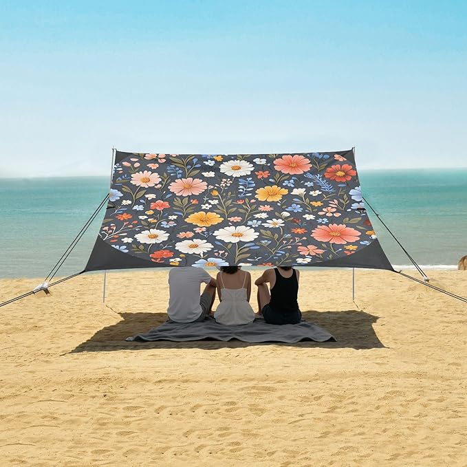 Spring Flowers Carnation Osteospermum Flower Foldable Beach Tent UPF50+ Protection Easy Setup Sun Shelter with Sandbags and Shovel for Family Trips Picnics &amp Camping