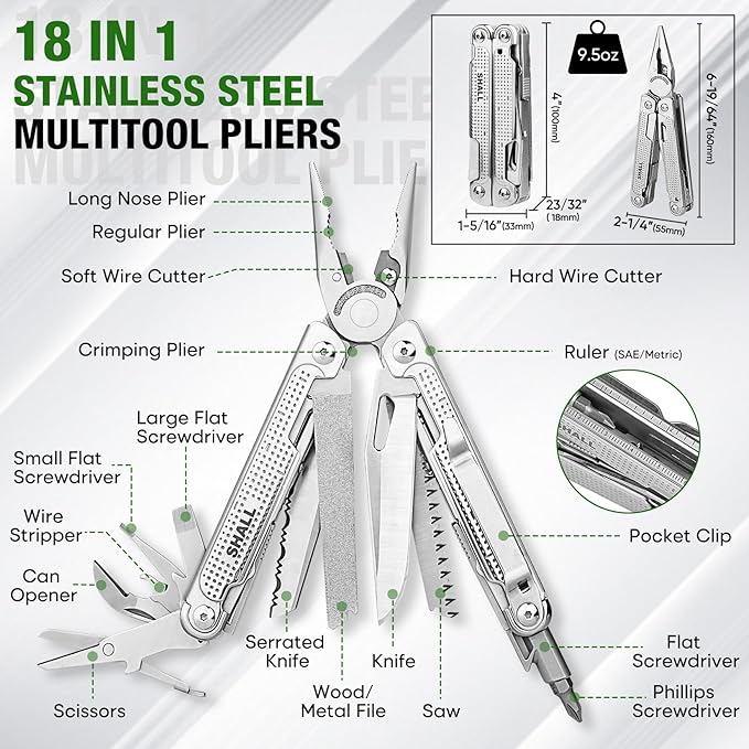 SHALL Multi Tool 18-in-1 Multitool Pliers Stainless Steel Multi-tool Pocket Knife w/Screwdriver Bit &amp Universal Socket Self-locking Multipurpose Tool w/Sheath for Camping Fishing Survival Hunti