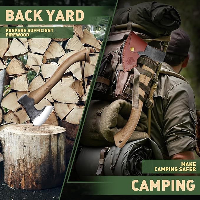 PURPLEBIRD Hatchet Axe with Sheath for Camping 15 Inch Bushcraft Axe Carbon Steel Chopping Axes Wood Handle Splitting Axes Hand-Forged Camping Hatchet for Carving Bushcraft Outdoor Forest Garden