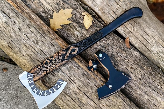 SHINY CRAFTS® Handcrafted Viking Axe – Nordic Engraved Blade with Wooden Handle Unique Gift for Men Collectors and Fantasy Enthusiasts (SCA-11)