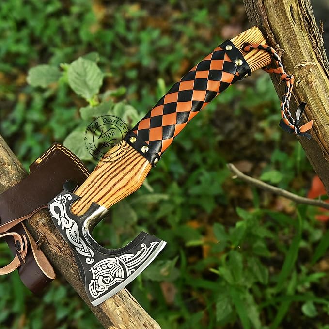 Hand-Forged Engraved Viking Axe Outdoor Camping Hunting Norse Hatchet Axe with Leather-Wrapped Handle &amp Sheath Great for Birthdays Gift Holidays Christmas or Weddings Gift (AXE-02)