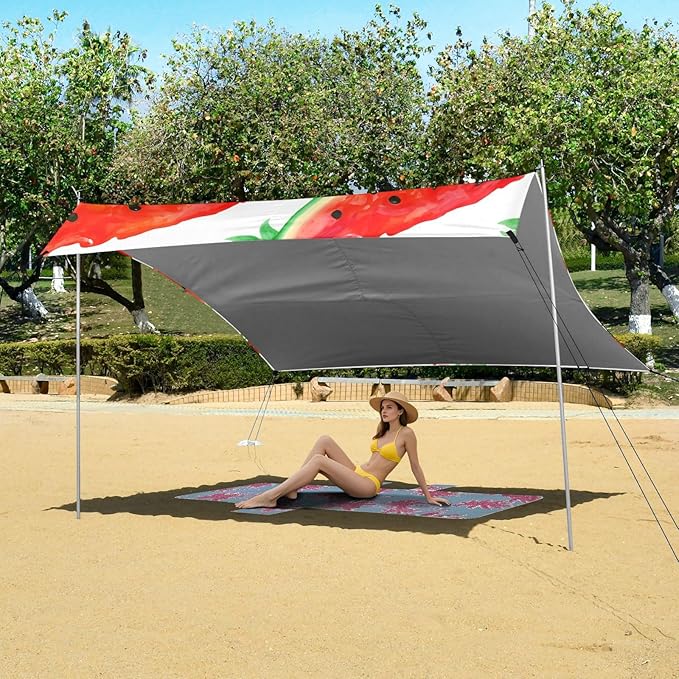 Beach Canopy with Windproof Ropes &amp Sandbags Beach Tent Sun Shade Sun Shelter for Camping Trips Fishing Backyard Fun or Picnics Watermelon