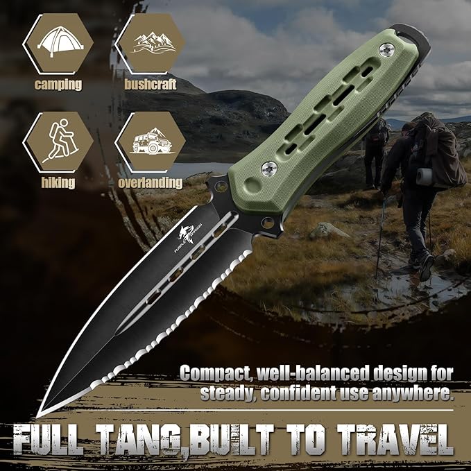 Purple Dragon Fixed Blade Knife with Kydex Sheath440C Steel Full Tang Outdoor Utility Knife with G10 Handle for Camping HikingBushcraft &amp Outdoor Use-Green