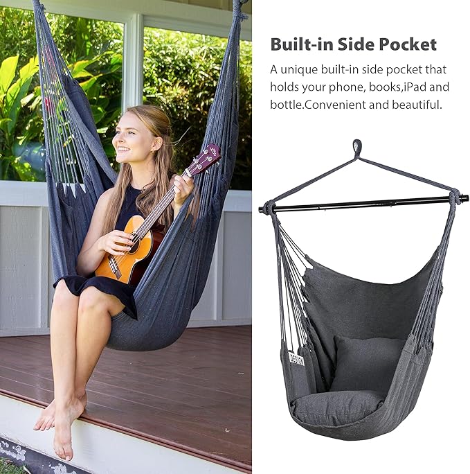 SUNCREAT Hammock Chair Swing with Steel Support Bar Side Pocket Large Hanging Chair Outdoor Max 450lbs Capacity Dark Gray