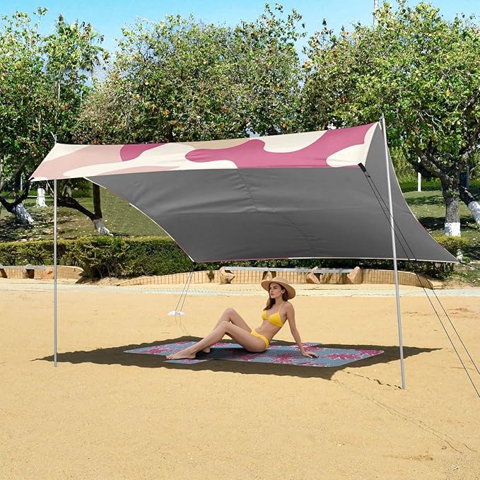 Cream Foldable Beach Cabana UPF50 Water-Resistant Shade Sun Shelter with Sandbags &amp Sand Shovel for Camping Picnics Backyard &amp Fishing