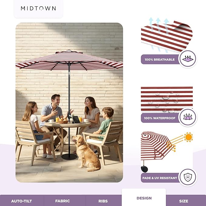MIDTOWN UMBRELLAS The Lean 8 Feet Outdoor Umbrella With Terylast Red Stripes (Red/White Stripes) Polyester Fabric - 8 Ribs Aluminum Frame Patio Umbrella With Zinc Alloy Crank Lift And Auto-Tilt System