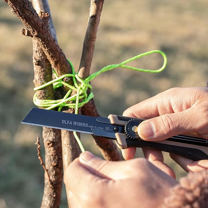 OLFA WORKS OW-OUK-1/SB Outdoor Knife Fine Serrated Edge Blade for Confident Cutting - Multi Purpose Outdoor Knife Designed to Handle Slippery Materials like Rope Plastic and Canvas - Ratchet-wheel