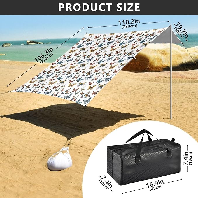 ALAZA Colorful Butterflies Beach Tent Sun Shelter UPF50+ Protection Beach Shade Canopy w/ 4 Sandbags for Outdoor Camping Fishing Backyard Fun Picnic 10x9 ft