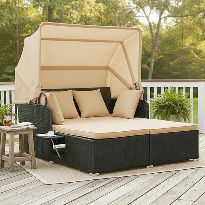 Tangkula Patio Rattan Daybed with Retractable Canopy Outdoor Wicker Sunbed Lounger with 2 Foldable Side Tables Thick Seat &amp Back Cushions Outside Double Daybed for Garden Backyard Porch