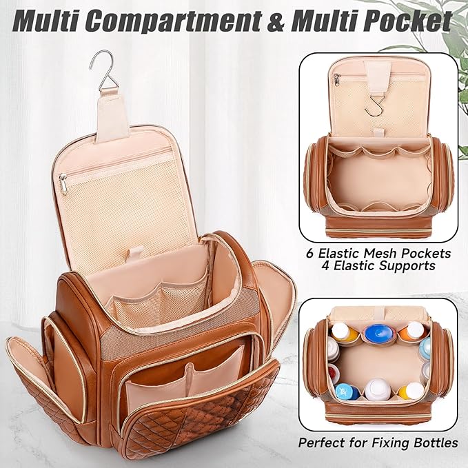 Large Leather Toiletry Bag for Women MenBathroom BagWater Resistant Shower BagMakeup BagPortable Shower Caddy for College DormHanging Travel Toiletry Bag with Transparent Waterproof Phone Pocket