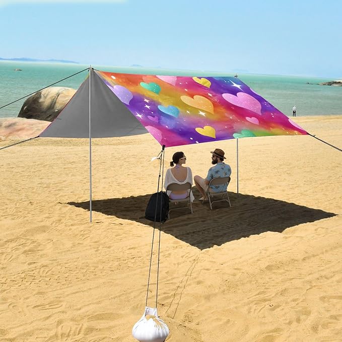 ALAZA Rainbow Love Hearts Stars Beach Tent Sun Shelter UPF50+ Protection Beach Shade Canopy w/ 4 Sandbags for Outdoor Camping Fishing Backyard Fun Picnic 10x9 ft