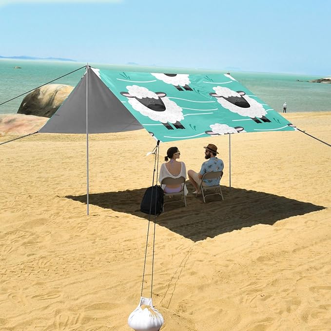 Beach Canopy with Windproof Ropes &amp Sandbags Beach Tent Sun Shade Sun Shelter for Camping Trips Fishing Backyard Fun or Picnics Sheep