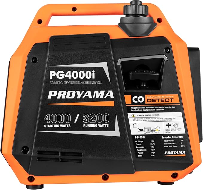 PROYAMA 4000W Portable Gas Inverter Generator CO Sensor Digital Interface RV - Ready LED Light ECO - Mode Parallel Capable Low Oil Shutoff Super Quiet and Lightweight with Weatherproof Cover