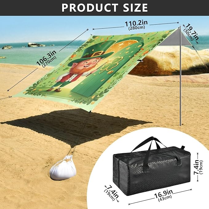 Beach Canopy with Windproof Ropes &amp Sandbags Beach Tent Sun Shade Sun Shelter for Camping Trips Fishing Backyard Fun or Picnics St. Patrick's Day