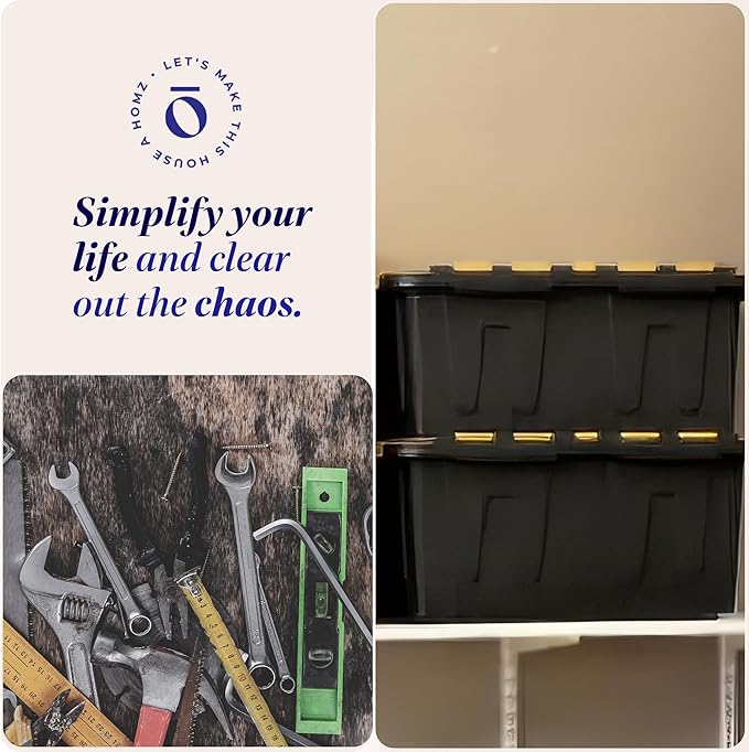 HOMZ 4-Pack Durabilt Tote Heavy Duty Plastic Storage Bins with Lids 34 Gallon Black/Yellow - Stackable Organizing Containers for Home Garage and Office