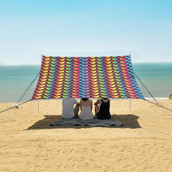ALAZA Rainbow Hearts LGBT Pride Beach Tent Sun Shelter UPF50+ Protection Beach Shade Canopy w/ 4 Sandbags for Outdoor Camping Fishing Backyard Fun Picnic 10x9 ft