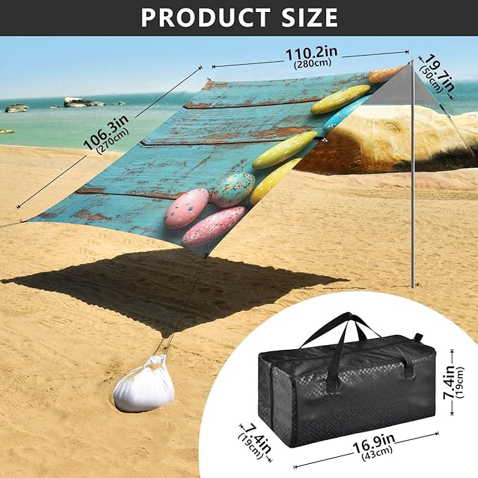 ALAZA Happy Easter Vintage Banner Colored Easter Eggs Beach Tent Sun Shelter Portable Canopy Sunshade for Outdoor Camping Picnics Backyard Fun 10x9 ft