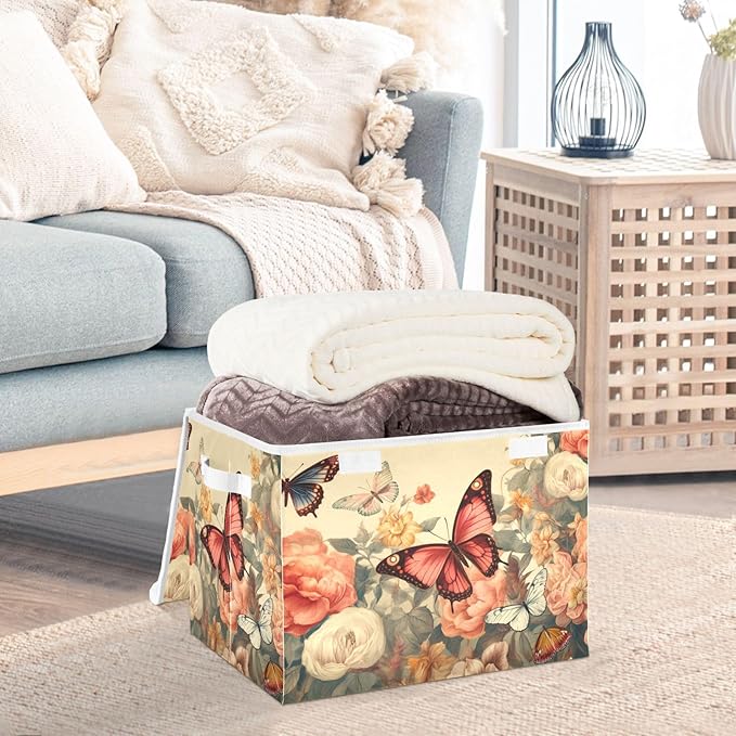 Butterfly Garden Colorful Collapsible Storage Bins with Lids &amp Handles Foldable Storage Boxes Basket with Flip-Top Lid for Home Office 16.5” x 12.6” x 11.8”