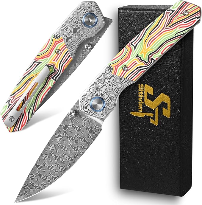 Sitivien ST271 Damascus Steel Blade Folding Knife Damascus &amp Colorful G10 Handle with Ball Bearing for Men Women Outdoor Camping Hiking Fishing(Color)