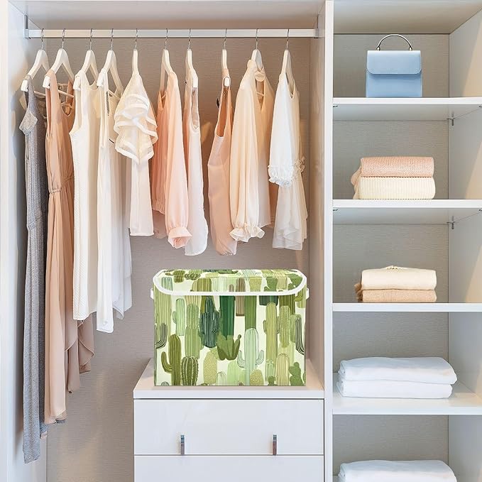 Storage Bins with Lids Storage Containers Box Organizer Bin Basket with Handles for Closet Shelves Clothes Stackable Foldable Decorative Green Line Cacti