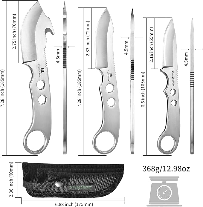ZhengSheng 3 Piece Hunting Knife set Survival Knives Bowie knife and Gut Hook Knife with Nylon Sheath for Hiking Outdoor Camping Activities