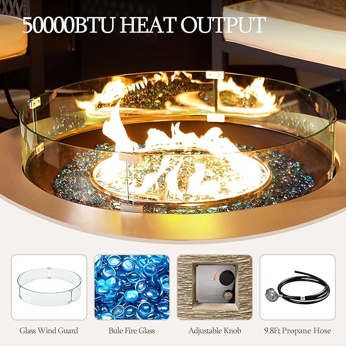 UPHA 42-inch Outdoor Propane Gas Fire Pit Table 50000 BTU Concrete Round FirePit for Outside Patio with Propane Tank Cover Wind Guard Blue Glass Rocks Rain Cover Beige